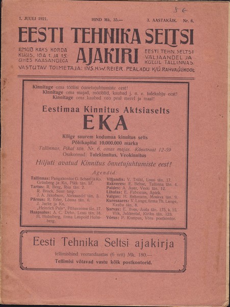 Eesti Tehnika Seltsi ajakiri, 1921/1. juuli
