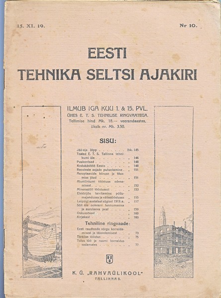 Eesti Tehnika Seltsi ajakiri, 1919/15.IX.19. Nr 6
