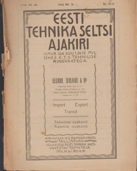 Eesti Tehnika Seltsi ajakiri/Tehniline ringvaade nr.13-14/1920
