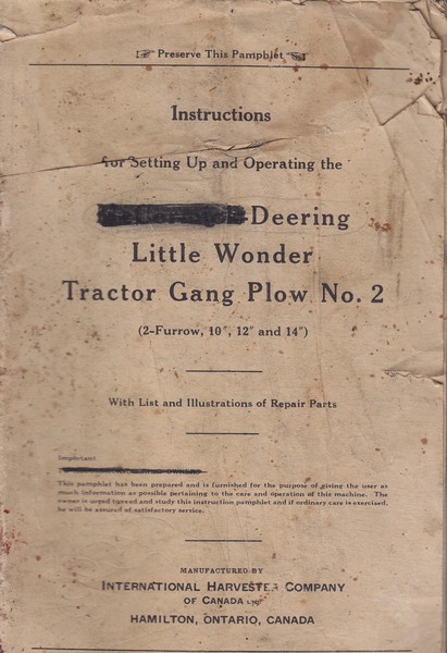 Instructions for Setting Up and Operating the Mccormick-Deering Little Wonder Tractor Gang Plow No. 2