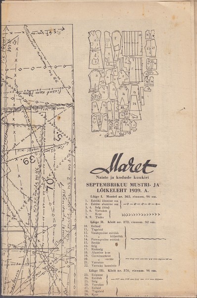Lõike- ja mustrileht "Maret" 1939, septembrikuu