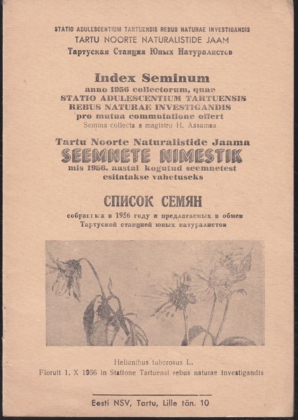 Tartu Noorte Loodusmaja seemnete nimestik, mis 1956 aastal kogutud seemnetest esitatakse vahetuseks