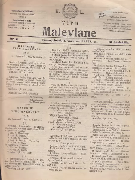 Viru Malevlane, 1937/3