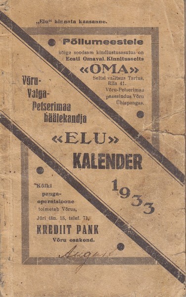 Võru-Valga-Petserimaa häälekandja "Elu" kalender 1933