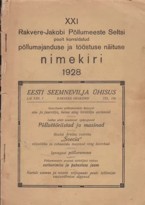 XX Rakvere-Jakobi Põllumeeste Seltsi poolt korraldatud põllumajanduse ja tööstuse näituse nimekiri 1928
